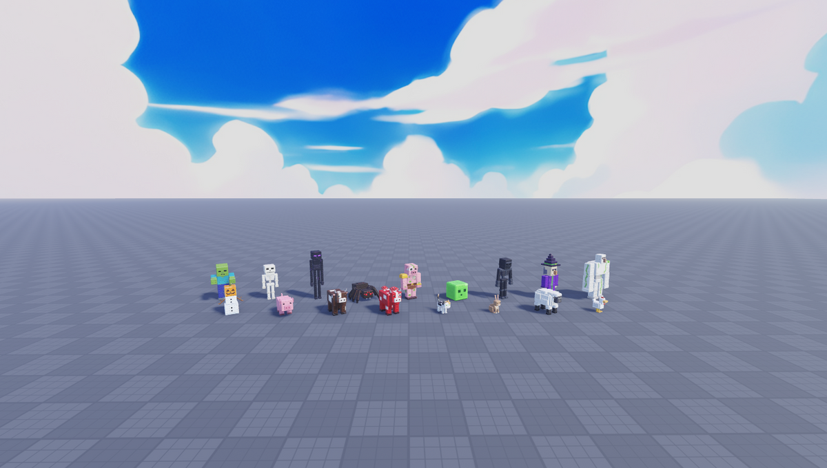 Mob Pack Roblox models arranged together on a gray baseplate